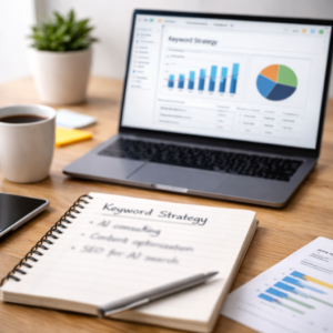 Keyword strategy and search performance analysis displayed on a laptop for online visibility