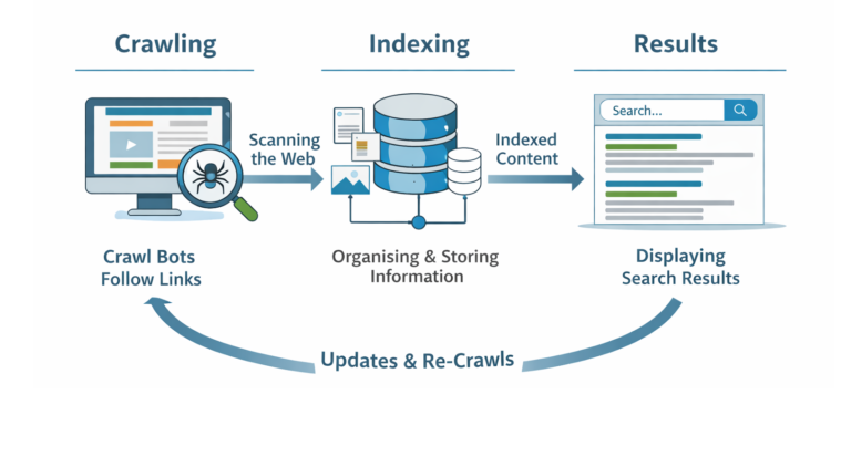 Diagram showing how search engines crawl and index web pages