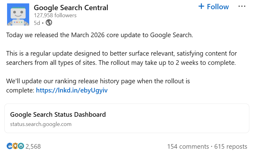 Google Web Central core update announcement post on LinkedIn
